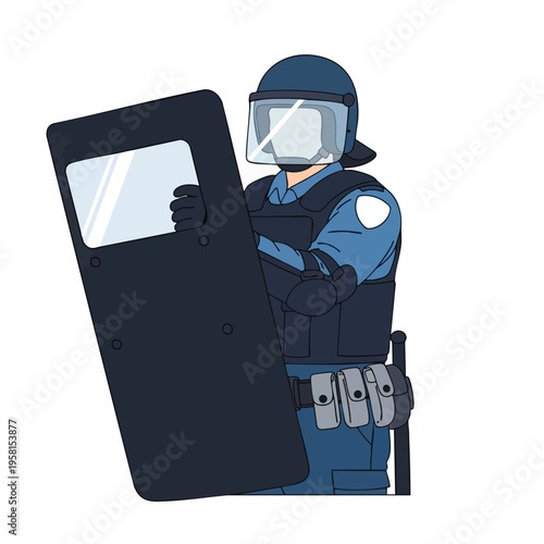 Illustrated officer in riot gear holding a large protective shield