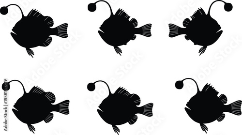 Anglerfish silhouette set. Deep sea fish vector collection with simple lure shapes and clean style. Marine silhouettes isolated for icon, UI, and graphic design use.