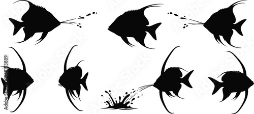 Archerfish silhouette set. Tropical aquarium vector collection with water shooting action and splash effects. Freshwater fish silhouettes isolated for wildlife, design, and creative projects.