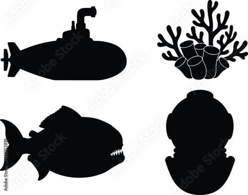 Deep sea silhouette set. Submarine, anglerfish, and coral vector collection with ocean theme elements. Marine silhouettes isolated for underwater, wildlife, and creative design use.