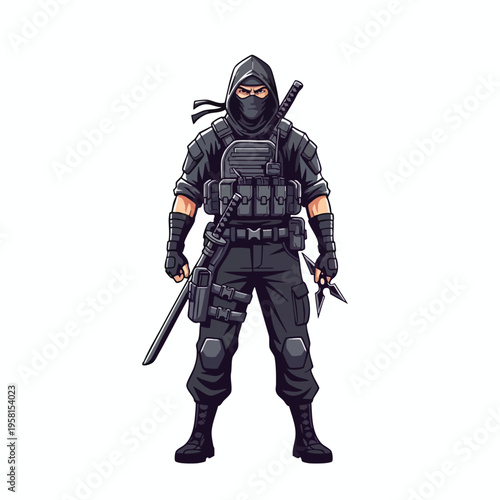 A cloaked figure in tactical gear, holding a sword and shuriken