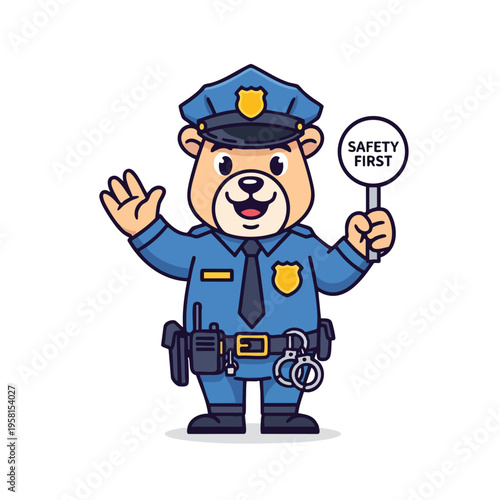 Cartoon bear police officer in uniform holding a "Safety First" sign and waving