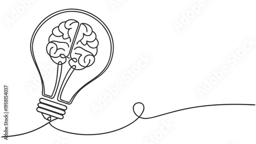 Single line drawing of a light bulb containing a brain, symbolizing innovation and new ideas.