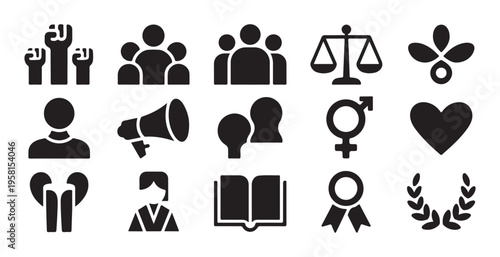 Social justice, equality, and human rights vector icon set. activism, unity, and advocacy concepts