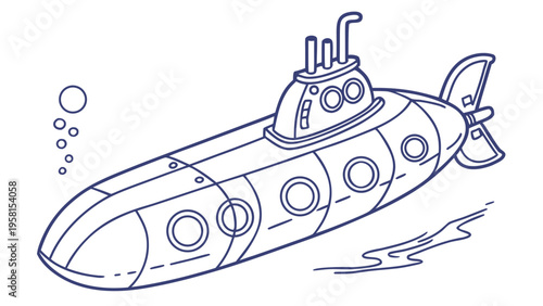 Whimsical outline illustration of a submarine exploring underwater depths with bubbles.