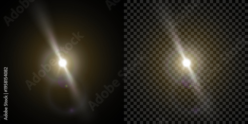 Realistic sun with reflections. Sunbeam with chromatic aberrations, lens flare, starburst, halo, backlight isolated on black and transparent background. Vector illustration