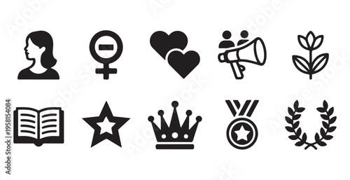 Womens rights, gender equality, and empowerment vector icon set. feminism, care, and achievement concepts