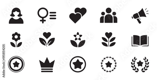 Womens rights, gender equality, and empowerment vector icon set. feminism, care, and achievement concepts