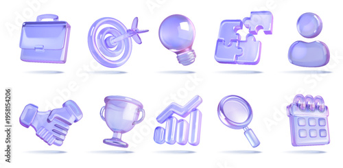 Glossy purple business icons in 3D style. Includes briefcase, target, lightbulb, puzzle, handshake, and more. Ideal for modern presentations and apps