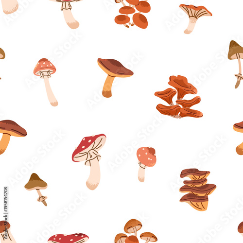 Repeatable pattern of different autumn mushrooms. Endless background with fly agaric, honey fungus, birch bolete, boletus, chanterelle, morel. Nature of fall forest. Flat seamless vector illustration