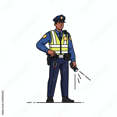 Cartoon police officer in uniform with flashlight and duty belt
