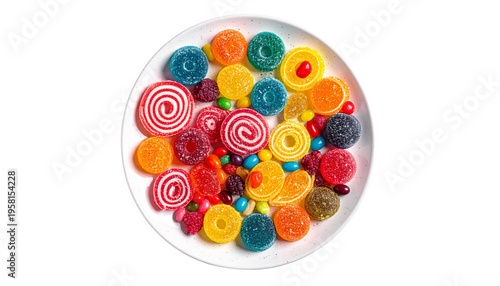 colourful sweets presented in a designed festival plate, top view, isolated on transparent background