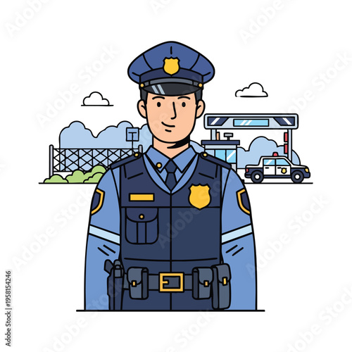 Flat illustration of a uniformed male officer standing with a police car and building behind him