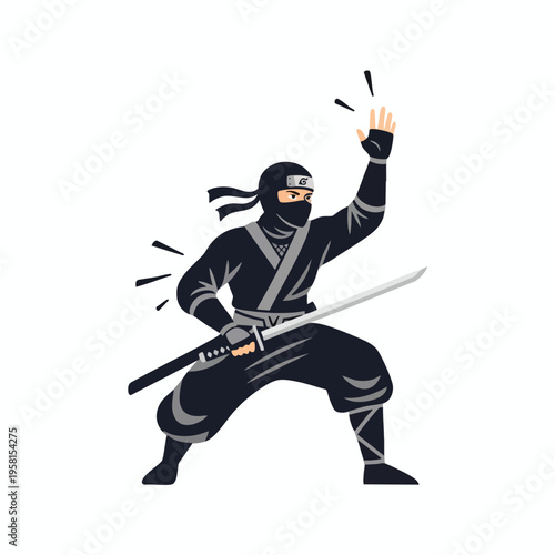 Fierce ninja in black, masked, ready with sword raised and hand extended