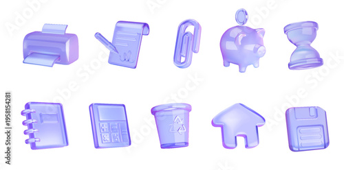 Collection of 3D icons featuring office tools and stationery. Glossy purple finish creates modern look. Ideal for tech and officerelated graphic projects.