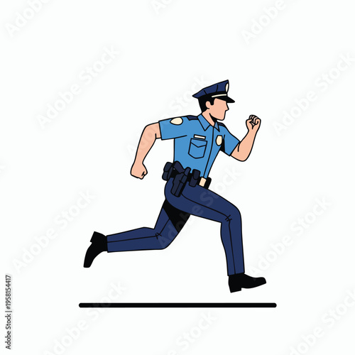 Cartoon man in police uniform running, with belt and hat
