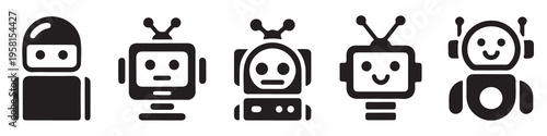 Set of cute robot character icons representing artificial intelligence and modern technology automation symbols