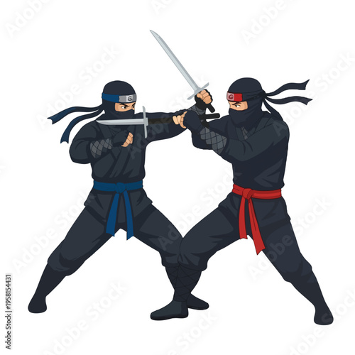 Two masked warriors, clad in black, clash with swords in combat