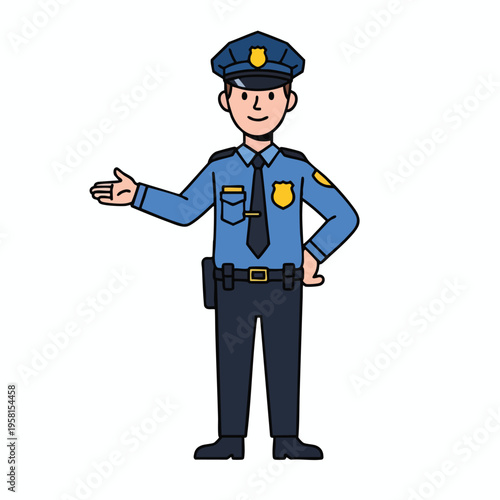 A cartoon policeman stands with open hand and the other on hip