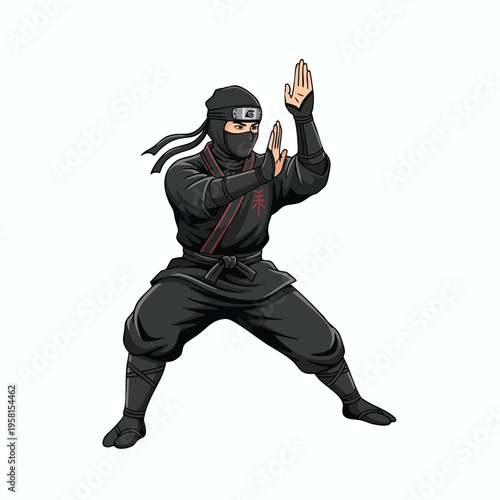 A warrior in black ninja attire with a red sash stands ready, fists up