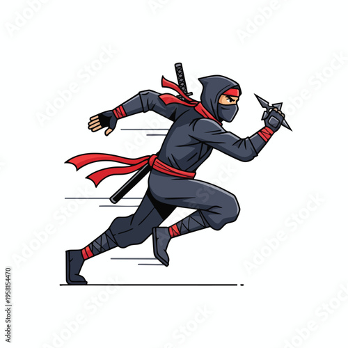 A masked ninja in dark garb with red accents sprints, holding a shuriken