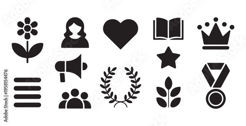 Reward and recognition icon collection with crown medal star laurel wreath book and heart shape silhouettes