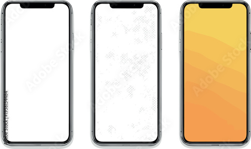 Realistic smartphone mockup set with blank screen, abstract textures and gradient display isolated on white background for mobile app presentation and UI showcase