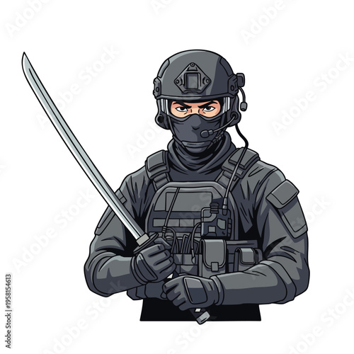 Armed combatant in tactical gear, wearing helmet and mask, holding sword