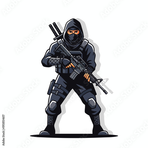 A masked figure in tactical gear, holding a rifle, with swords on their back