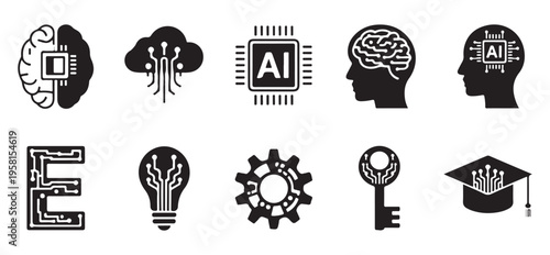 Set of ten artificial intelligence and machine learning icons featuring brains, chips, cloud, and graduation cap