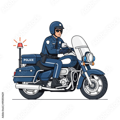 Uniformed officer on a blue police motorcycle with siren
