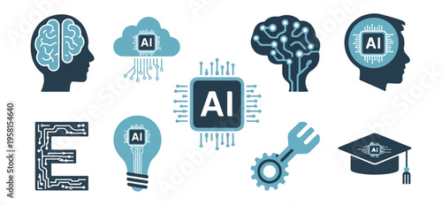 Set of ten artificial intelligence and machine learning icons in blue and white featuring brains and processors