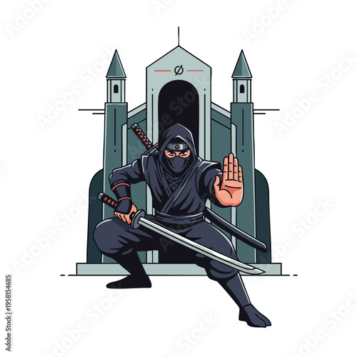 ninja warrior with sword drawn, ready to strike, in front of a building