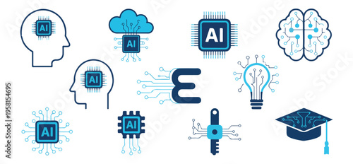 Set of ten artificial intelligence and machine learning icons in blue and white featuring brains and processors