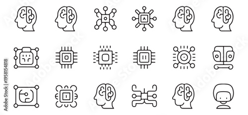 Artificial intelligence icons featuring human brain outlines combined with circuit boards and microchip parts