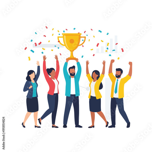 Diverse group celebrating with a trophy, confetti falling