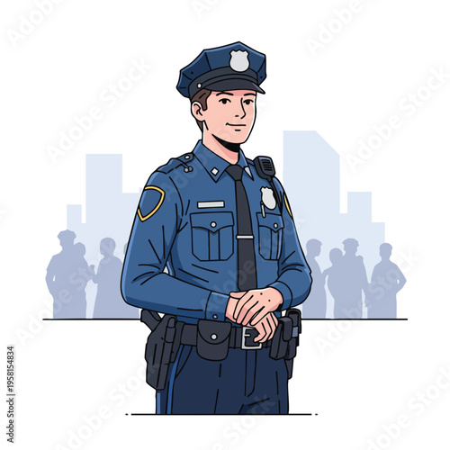 Uniformed male officer stands before blurry city skyline and crowd silhouettes