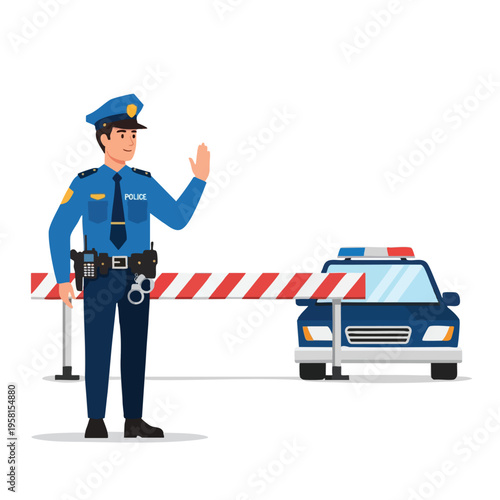 Officer stops traffic at checkpoint with car and barrier