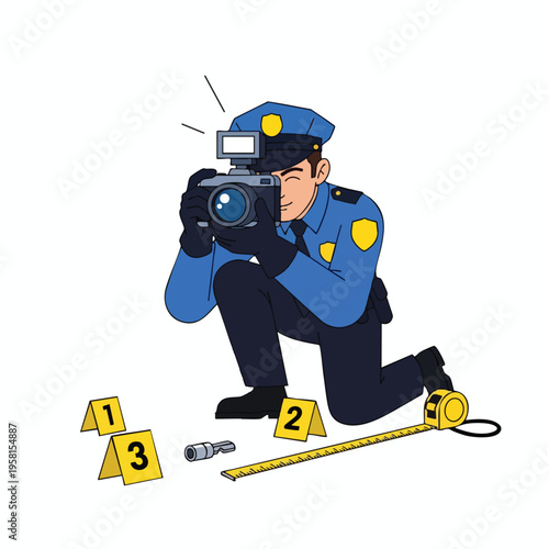 Officer documents evidence at a crime scene with a camera, tape measure, and markers
