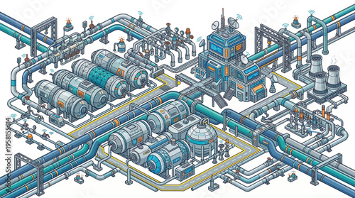 Industrial factory with complex piping systems.
