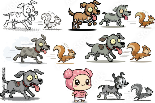 Zombie dog chasing squirrel cartoon set, funny horror Halloween characters running, undead pet comic animation, cute spooky animal illustration for design and games