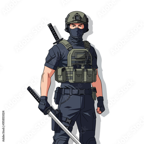 A warrior in tactical gear, wearing a helmet and mask, holds two katanas