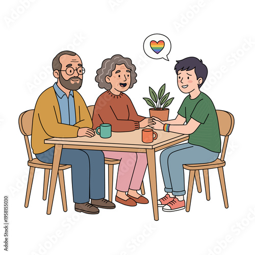 Young boy wearing pride wristband talking to supportive elderly parents sitting at dining table