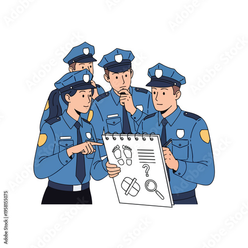 Four officers review a notepad showing footprints, a magnifying glass, and a question mark