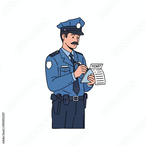 A uniformed officer with a mustache writes a ticket on a pad