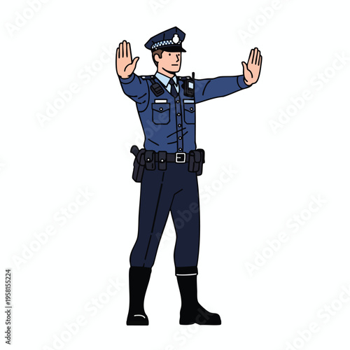A cartoon police officer in uniform making a stop gesture with open hands