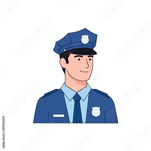 Cartoon police officer in blue uniform and cap, facing right, smiling