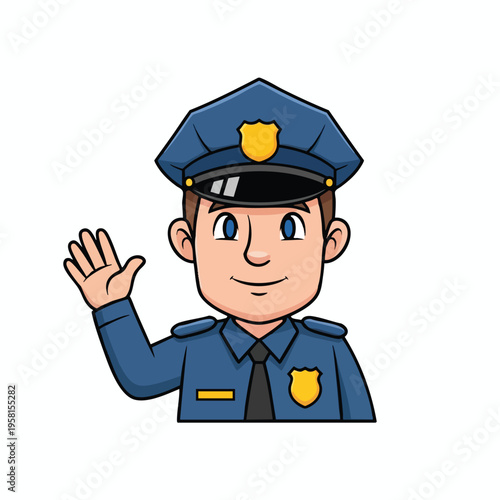 Cartoon police officer in uniform waving hello on white background