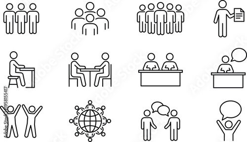Black line icon set for teamwork including business groups global networking human resources staff meetings public speaking and corporate community collaboration