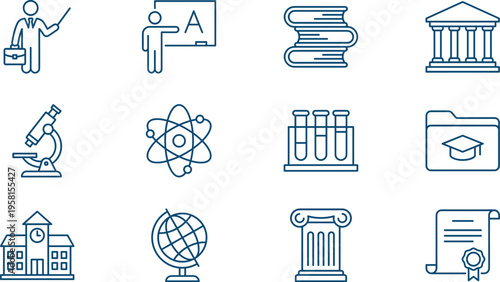 Blue line icon set for education including science microscopes atom symbols university buildings textbooks globes academic certificates and teacher presentation concepts
